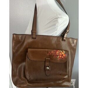 Patricia Nash Madison Leather Tote Shoulder Bag Purse Cognac Embroidered Floral